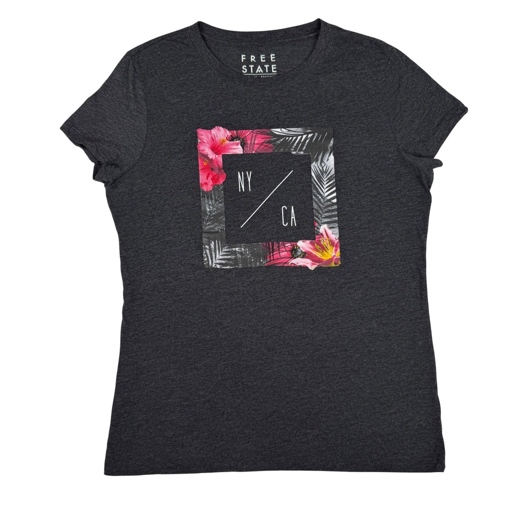 Free State Graphic T-Shirt Floral NY CA Box Logo XL Charcoal Heather